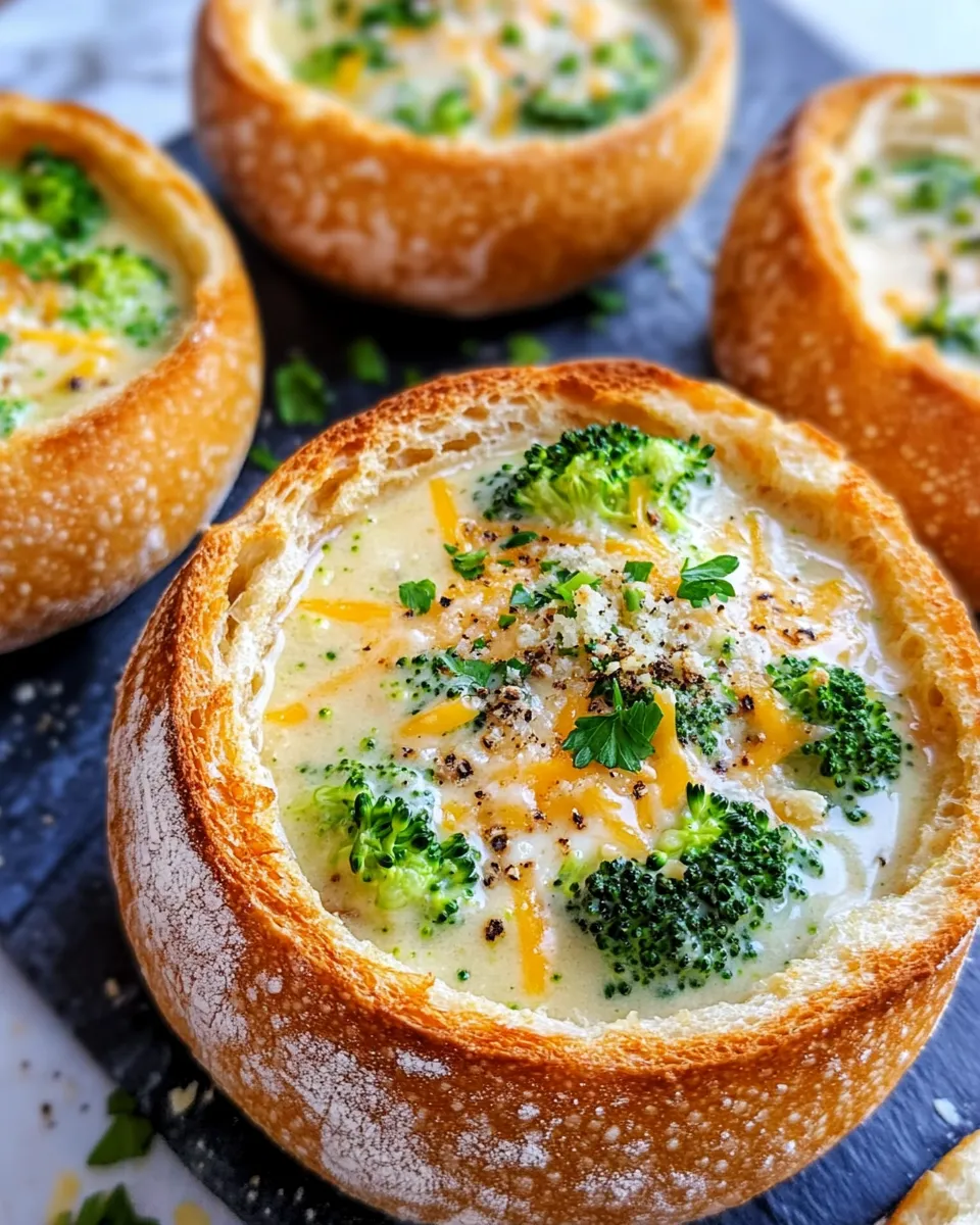 Easy Broccoli Cheddar Soup in Bread Bowls food shot