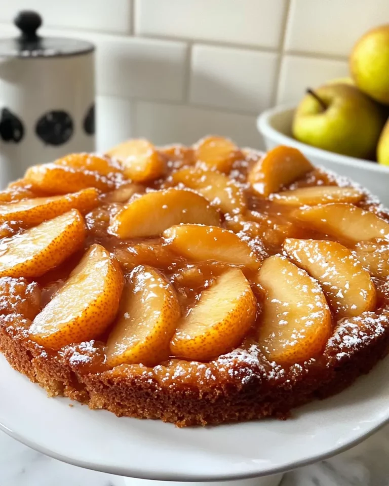Delicious Caramel Pear Upside-Down Cake food shot