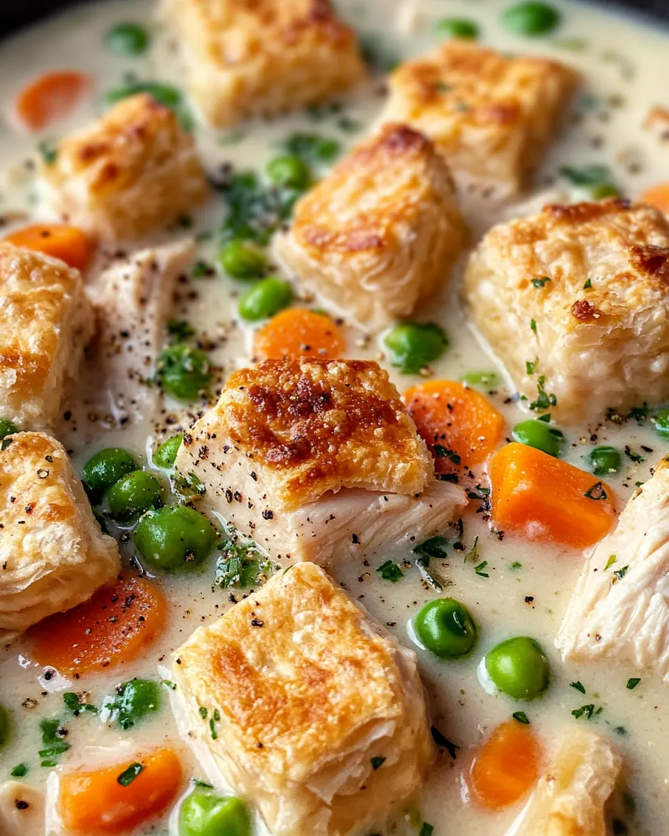 Classic Chicken Pot Pie Soup with Puff Croutons dish photo