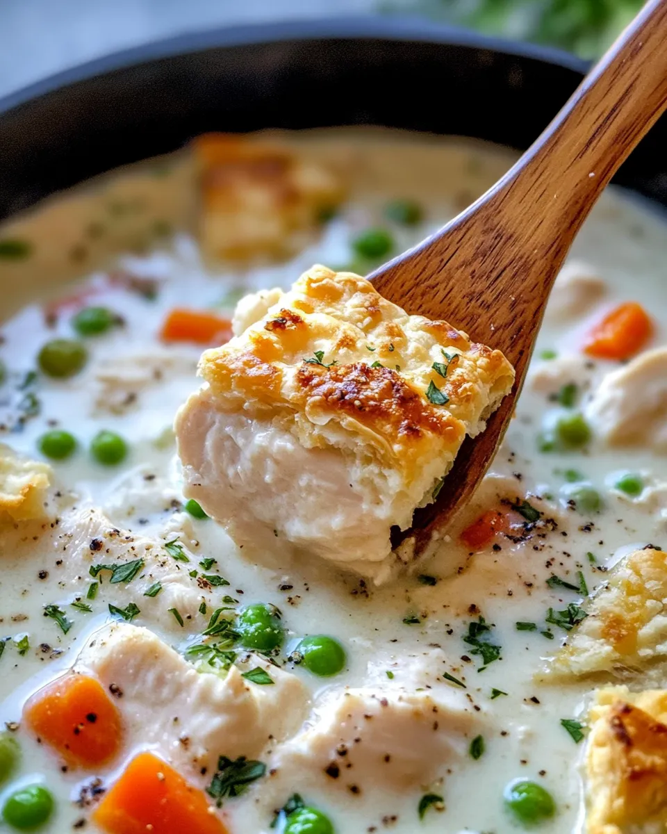 Easy Chicken Pot Pie Soup with Puff Croutons food shot