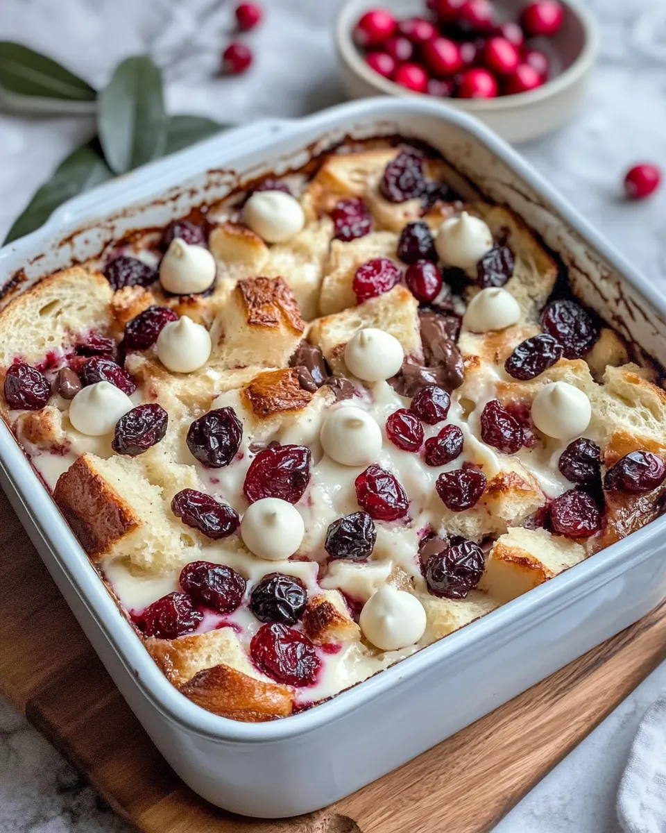 Tasty Cranberry White Chocolate Bread Pudding food shot