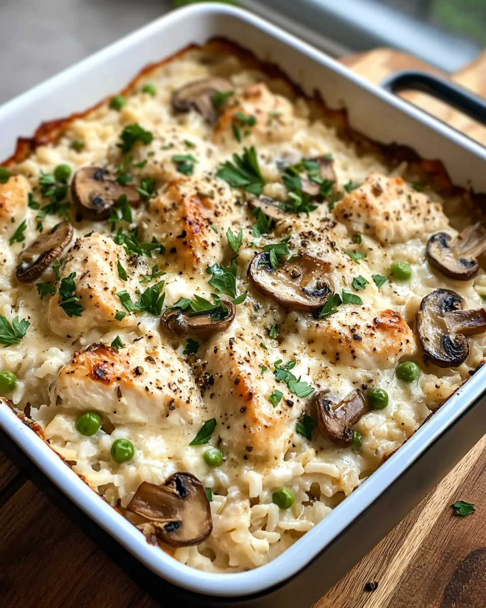 Easy Creamy Chicken & Rice Casserole with Mushrooms food shot