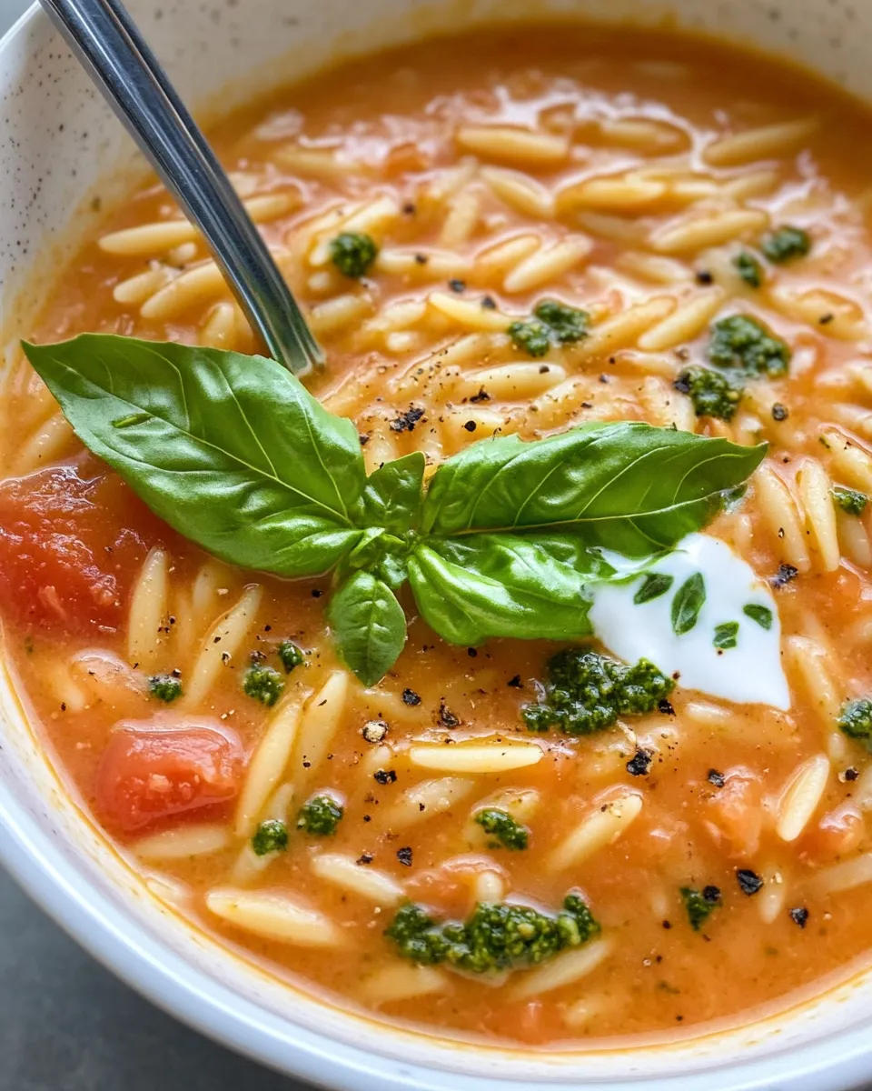 Easy Creamy Pesto Tomato Orzo Soup recipe photo