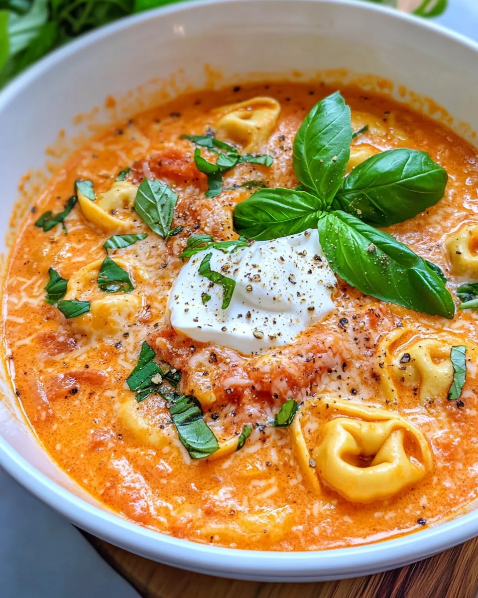 Easy Creamy Tomato Basil Tortellini Soup food shot
