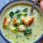 Homemade Creamy Zucchini Basil Soup with Croutons recipe photo