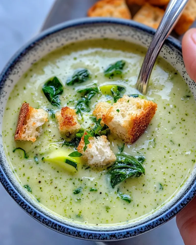 Homemade Creamy Zucchini Basil Soup with Croutons recipe photo