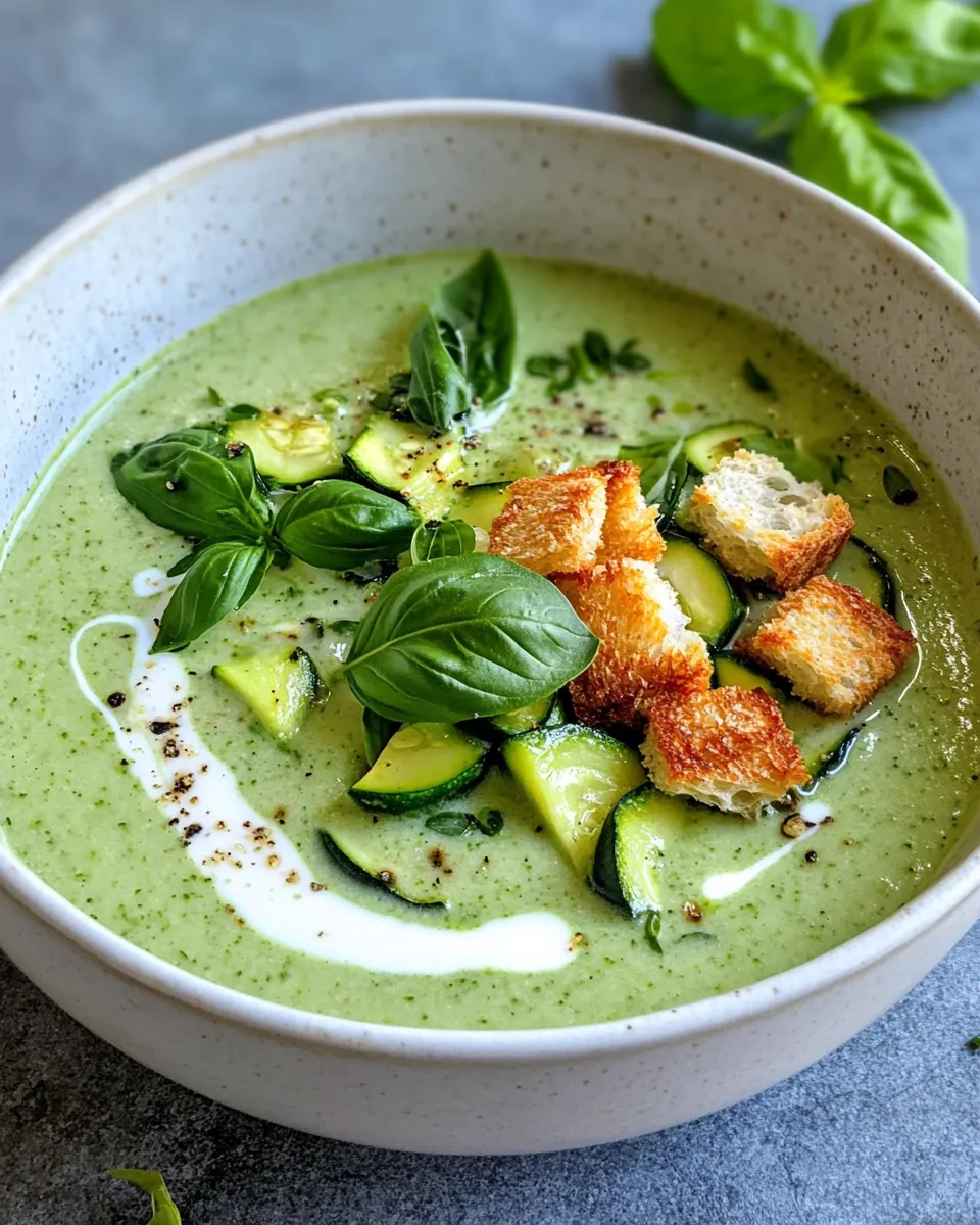 Easy Creamy Zucchini Basil Soup with Croutons food shot