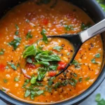 Delicious Fire-Roasted Red Pepper & Lentil Soup food shot