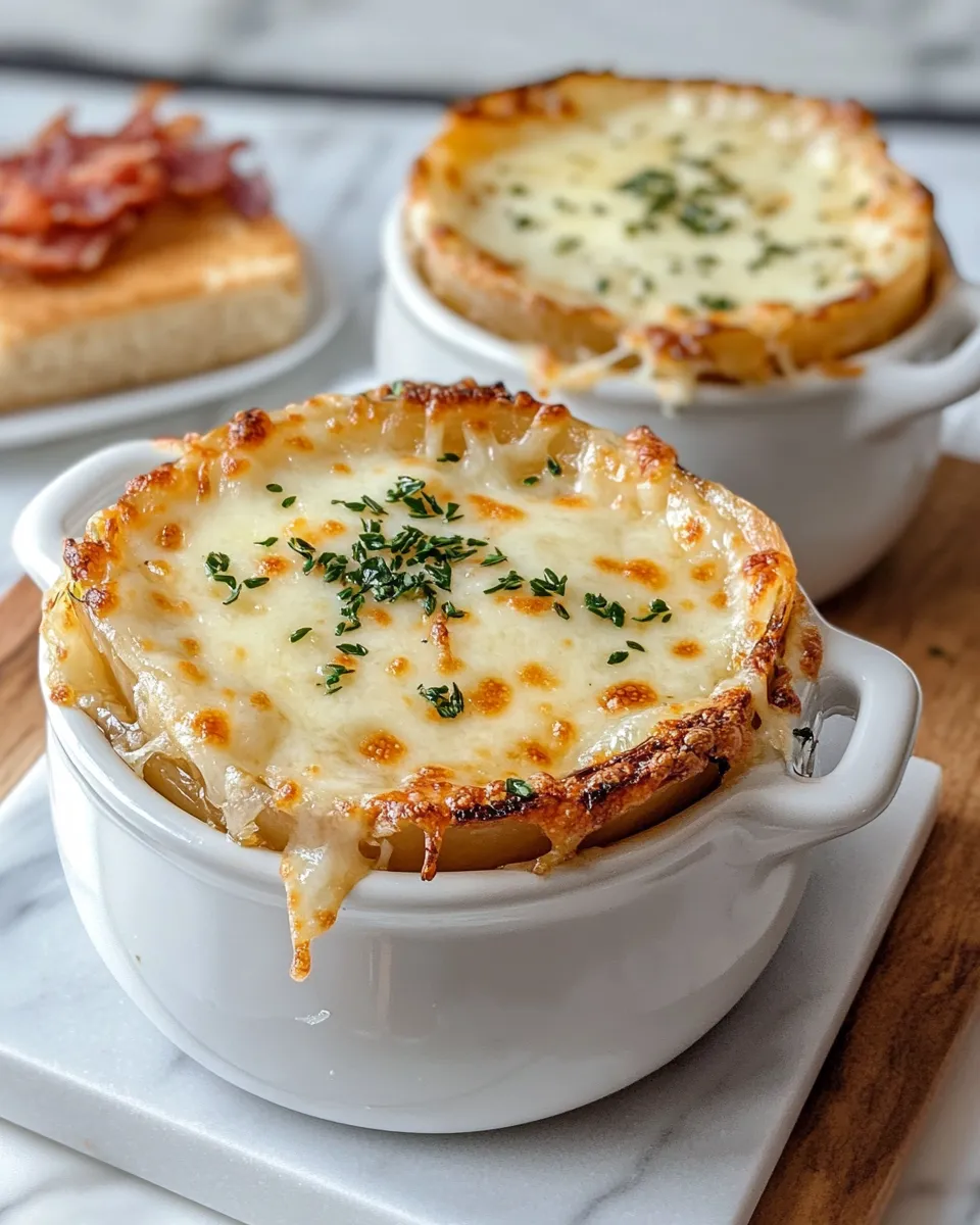 Delicious French Onion Soup with Cheesy Crouton Lids food shot