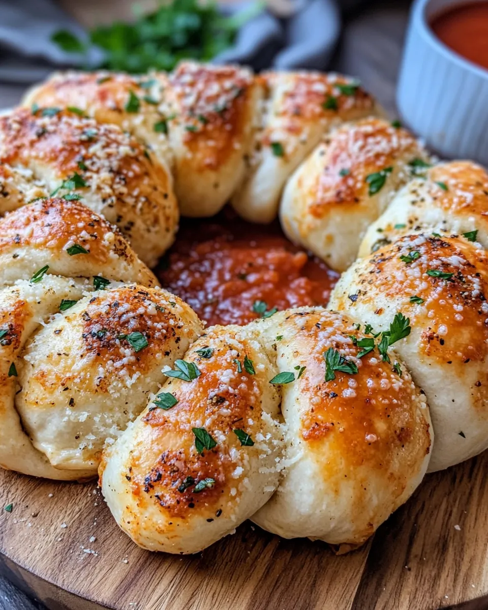 Homemade Garlic Knots Wreath with Warm Marinara recipe photo