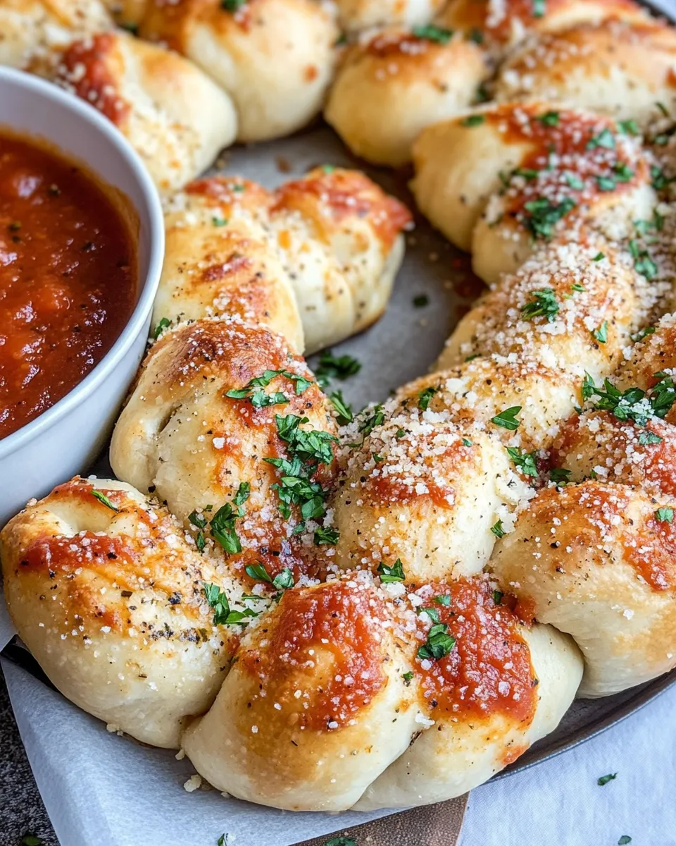 Easy Garlic Knots Wreath with Warm Marinara food shot