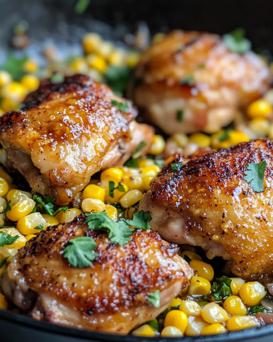 Delicious Hot Honey Chicken Thighs with Skillet Corn food shot