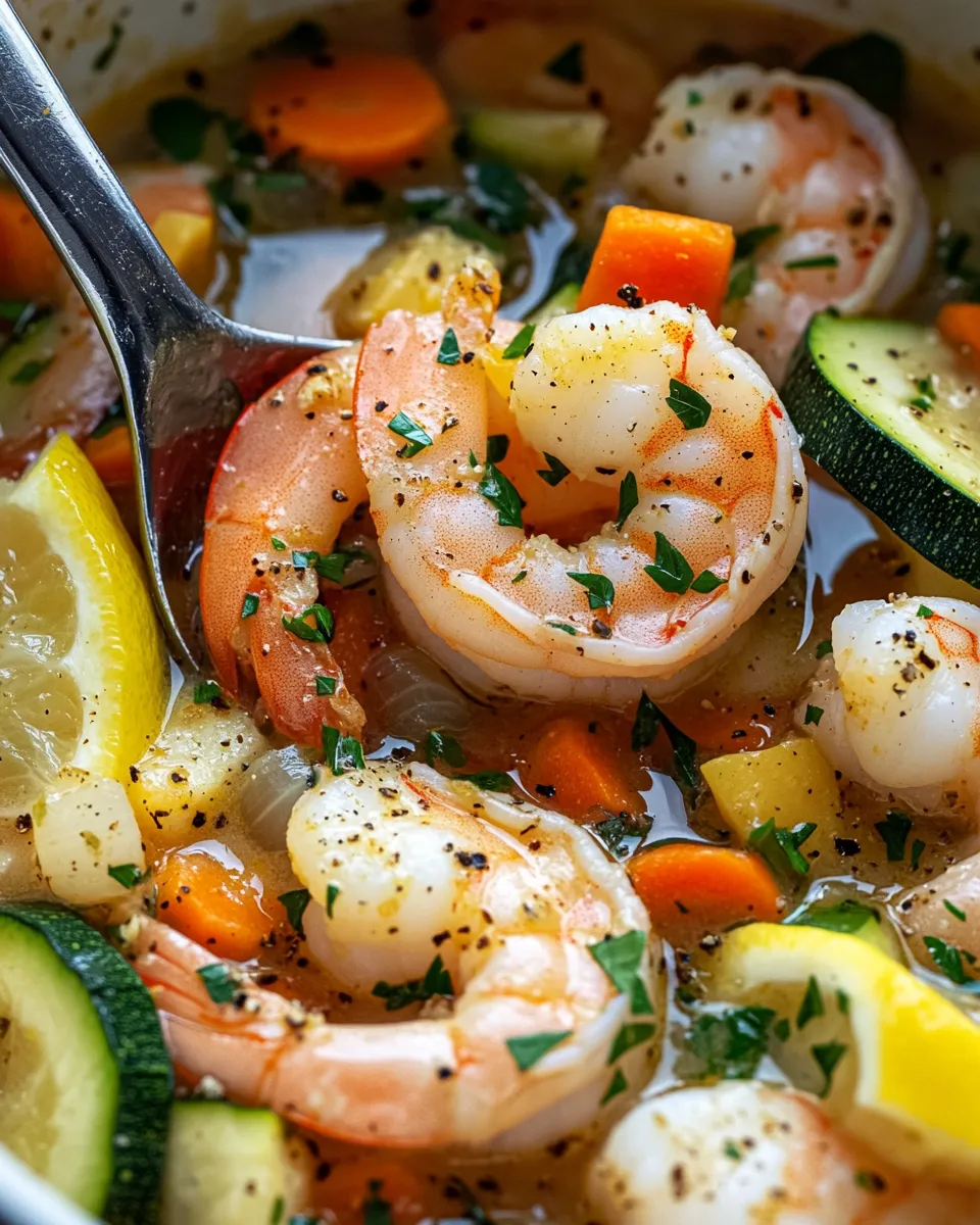 Delicious Lemon-Garlic Shrimp & Veggie Soup food shot