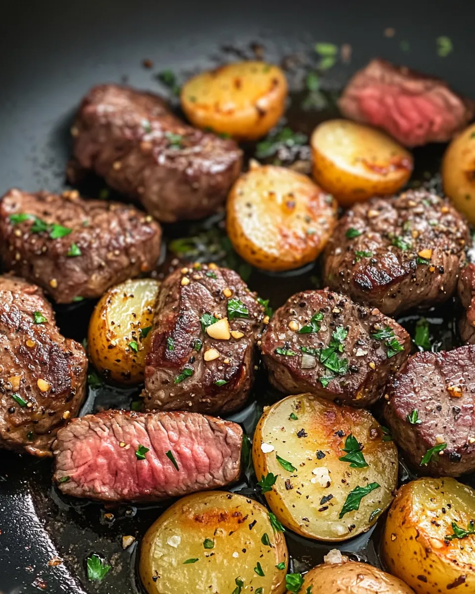 Classic One-Skillet Garlic Butter Steak Bites & Potatoes food shot