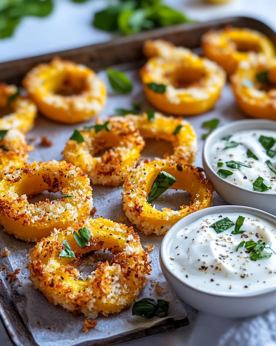 Tasty Parmesan-Crusted Delicata Rings with Herby Dip food shot