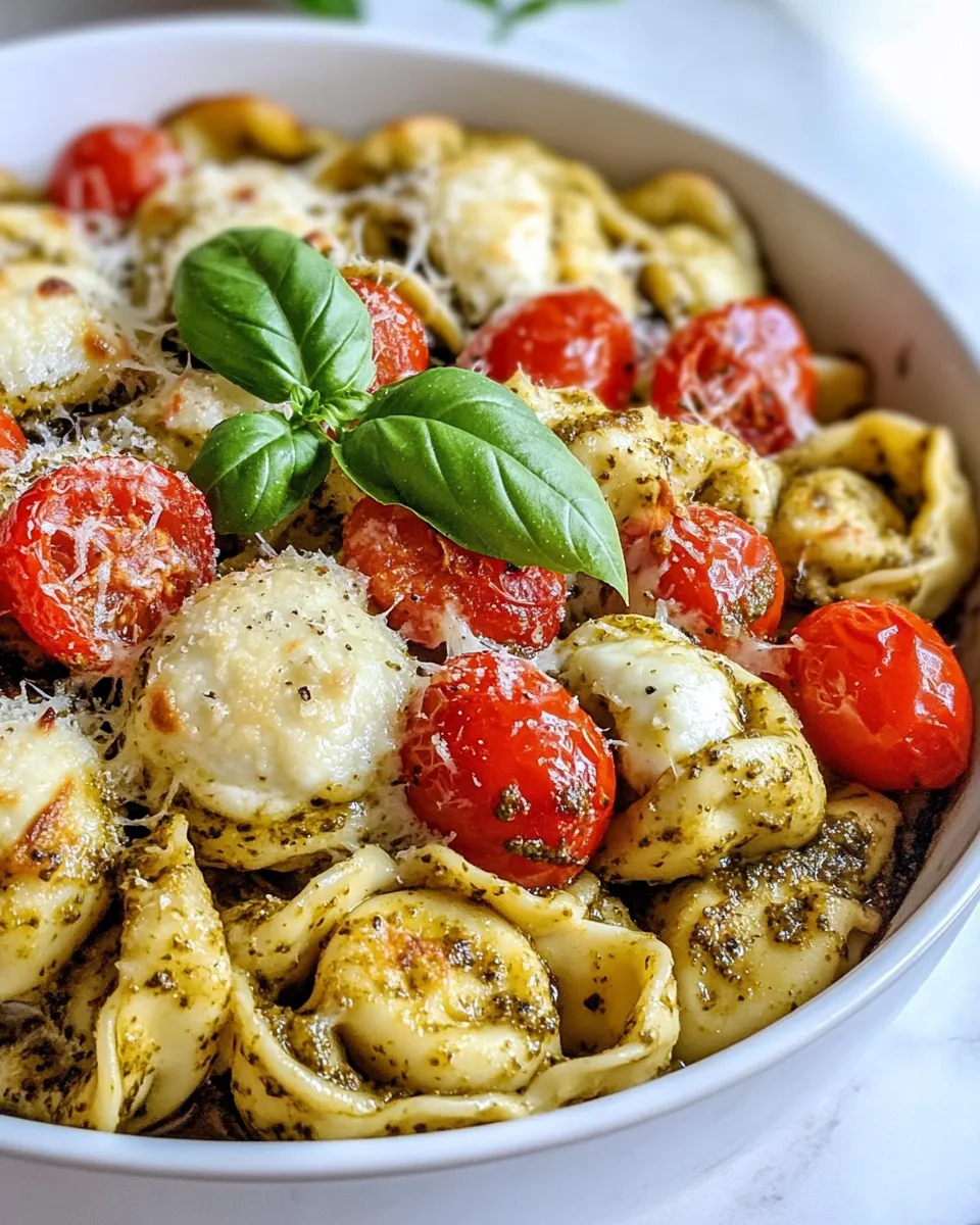 Easy Pesto Tortellini Bake with Cherry Tomatoes food shot