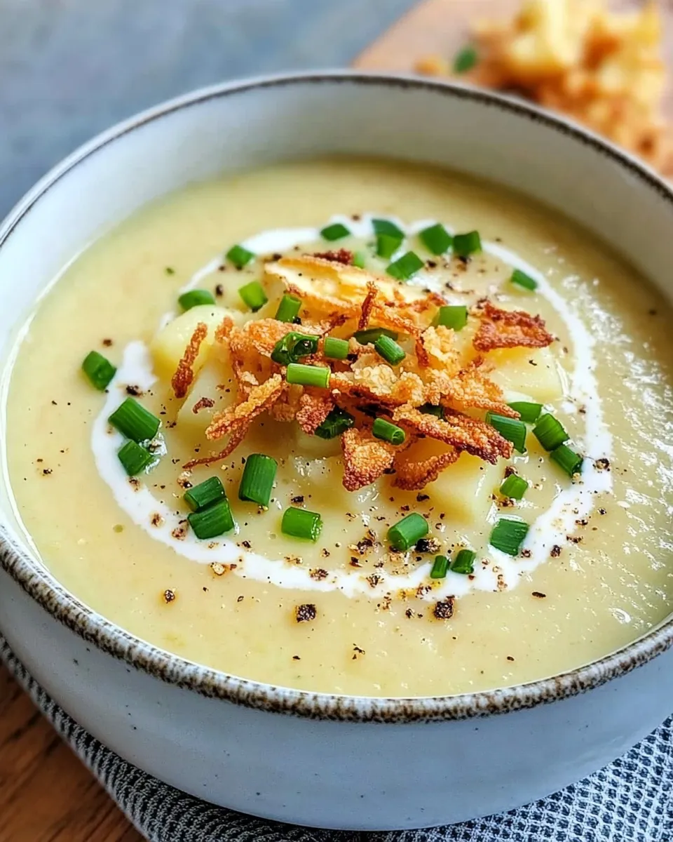 Delicious Potato Leek Soup with Crispy Shallots shot