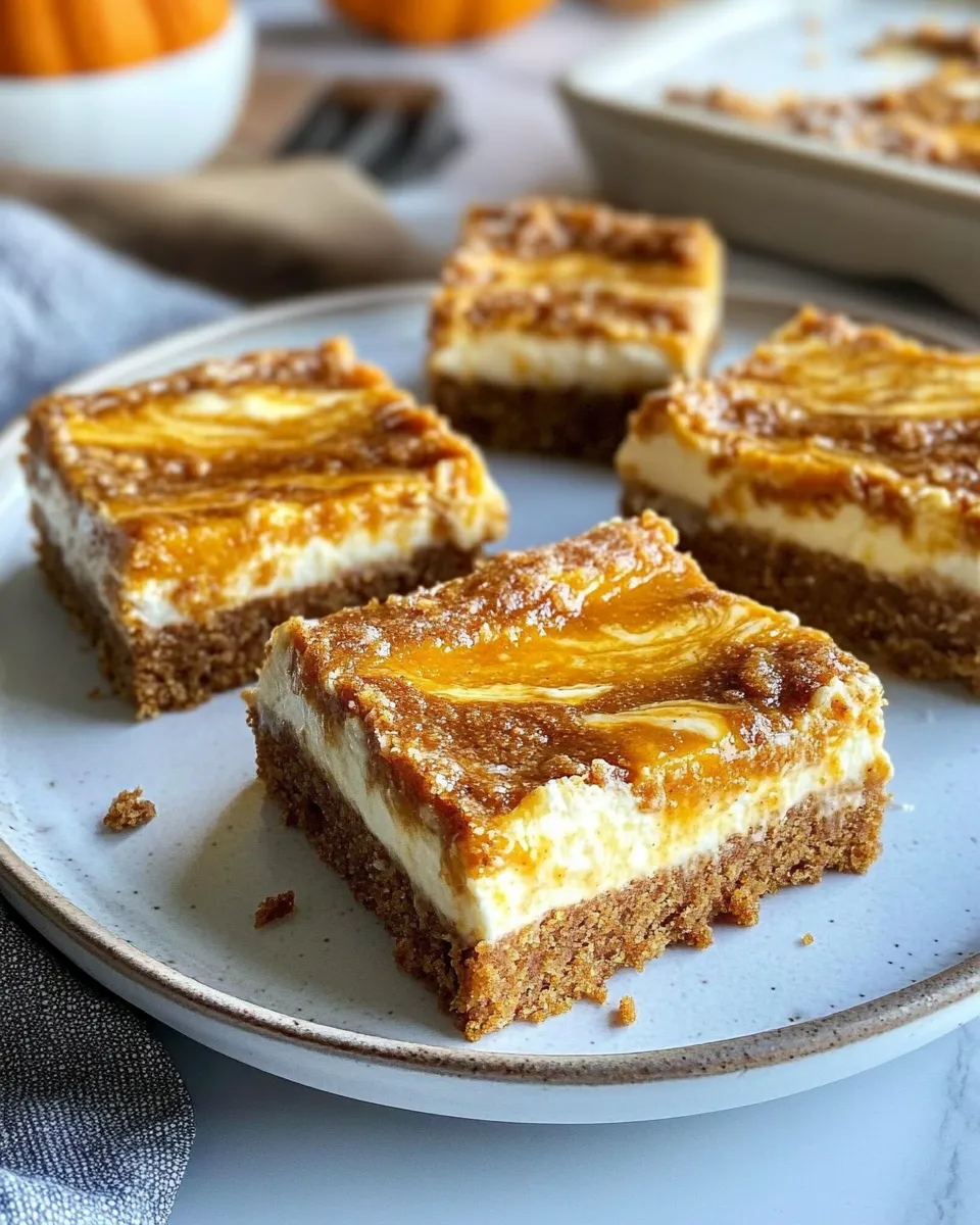 Easy Pumpkin Cheesecake Swirl Bars food shot