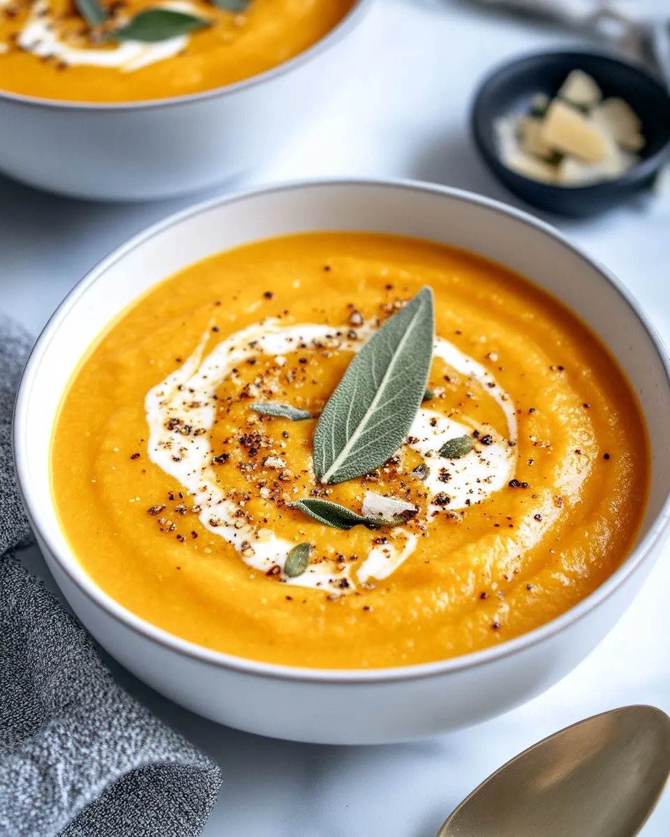 Classic Roasted Butternut Squash Soup with Sage Brown Butter food shot