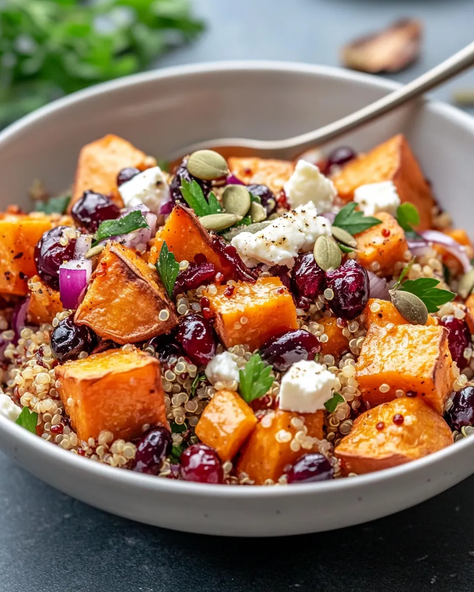 Delicious Roasted Sweet Potato & Cranberry Quinoa Salad food shot