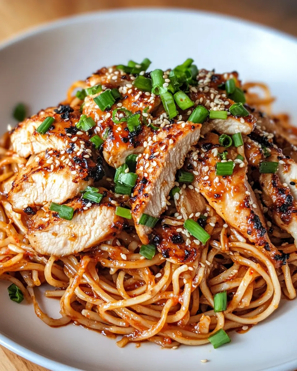 Classic Spicy Gochujang Noodles with Crispy Chicken dish photo