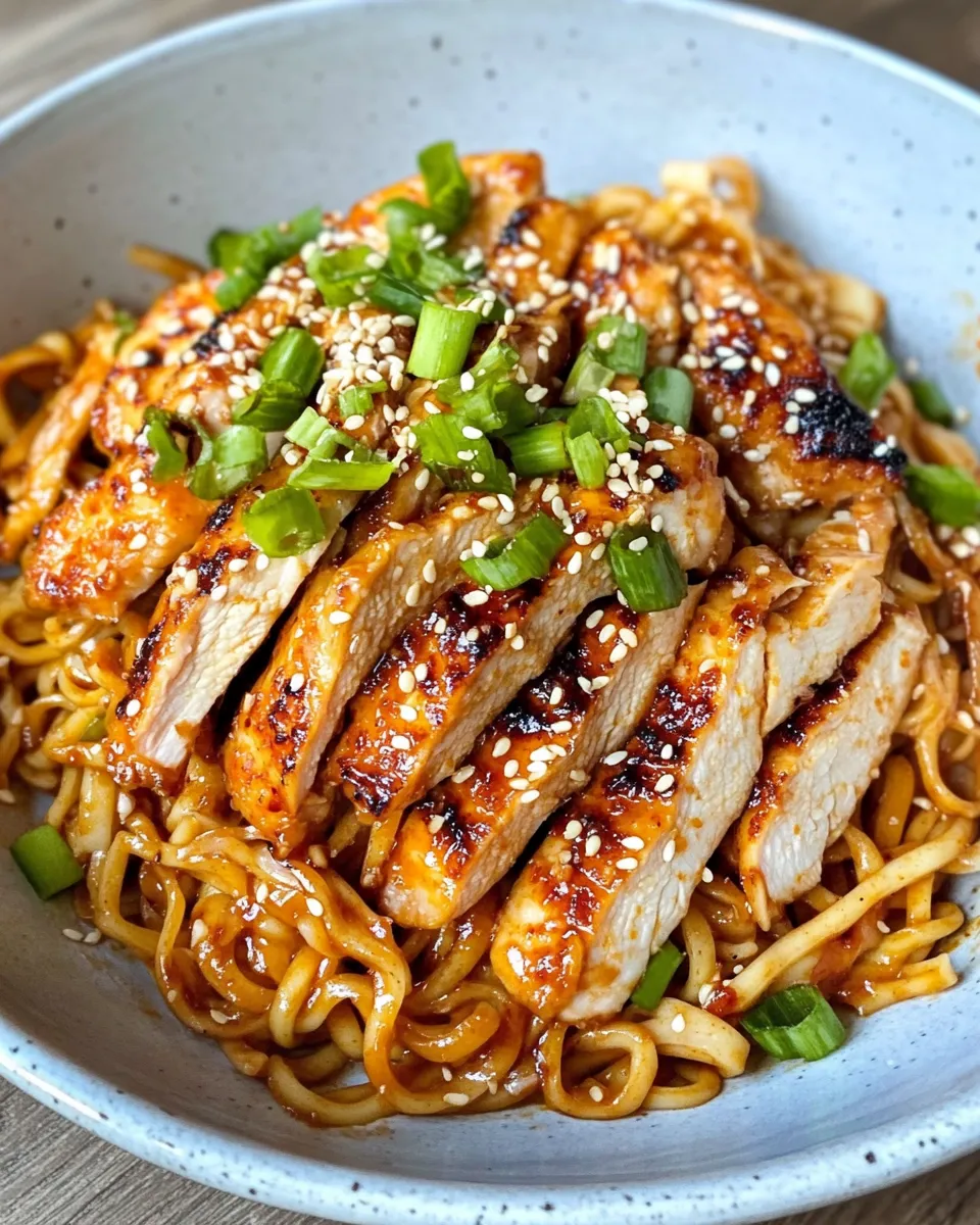 Easy Spicy Gochujang Noodles with Crispy Chicken food shot