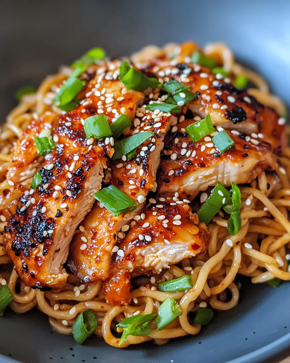Delicious Spicy Gochujang Noodles with Crispy Chicken photo