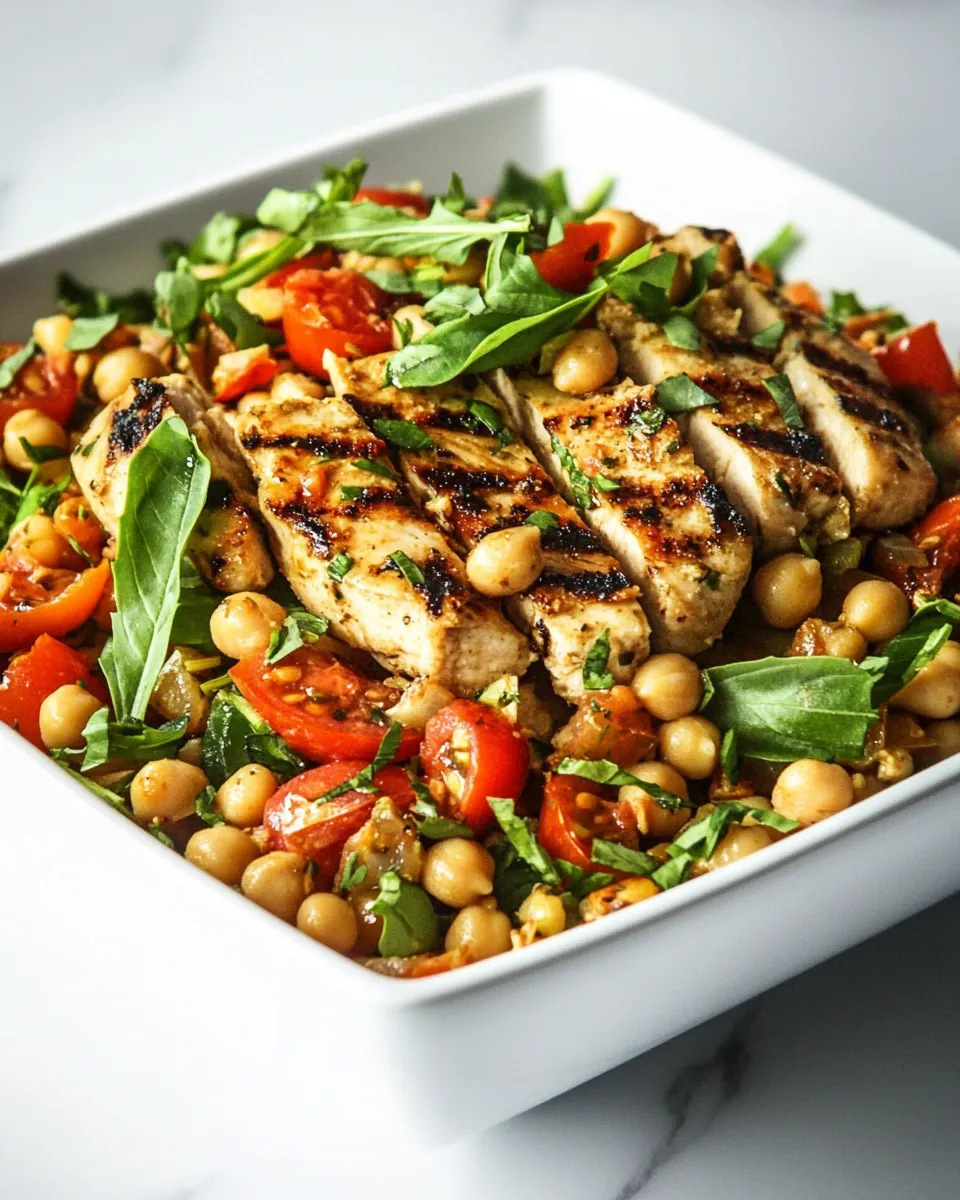 Tasty Chickpea and Tomato Salad with Grilled Chicken shot