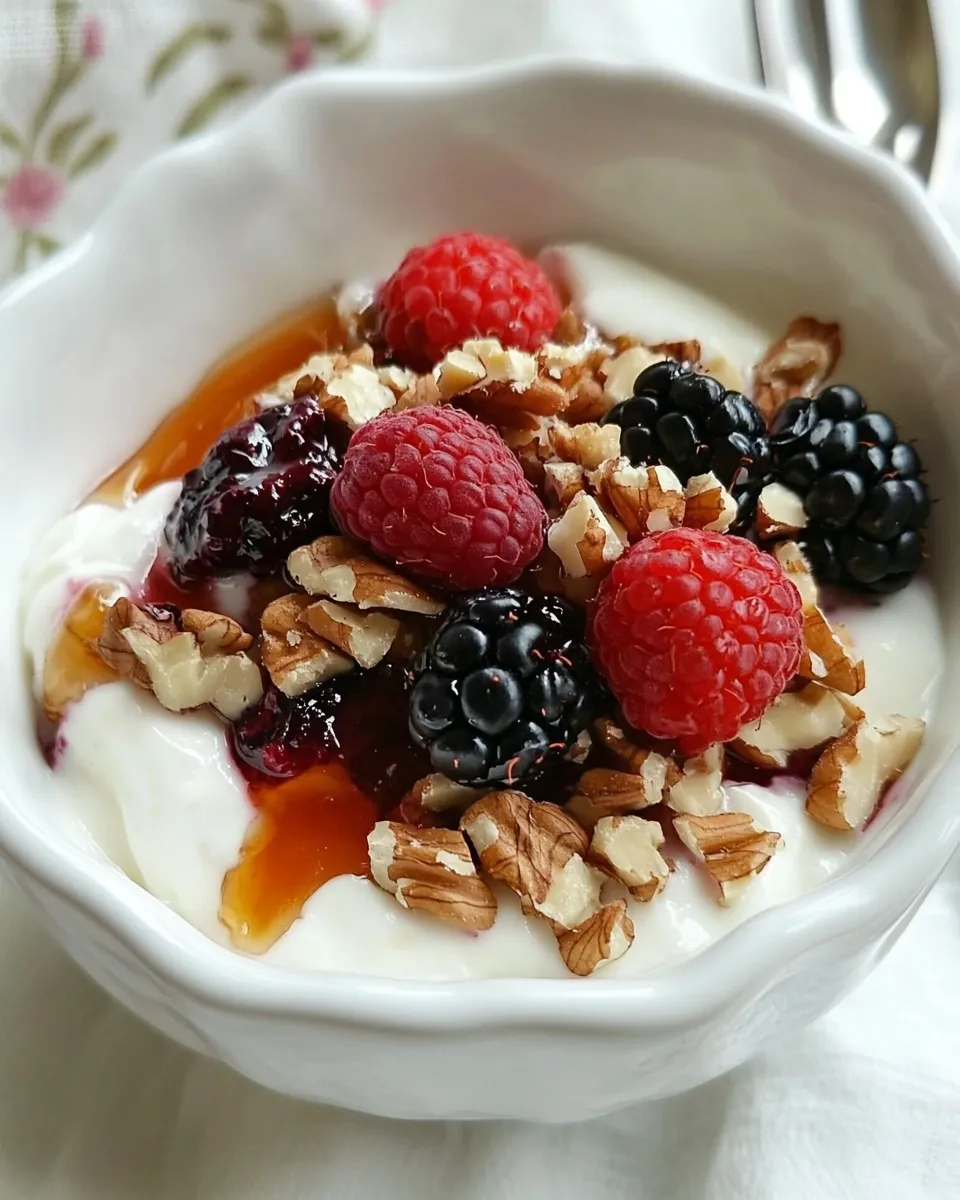 Easy Greek Yogurt with Berries, Nuts and Honey food shot