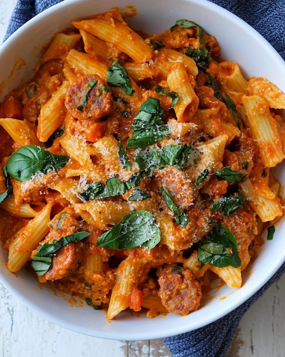 Easy One Pot Turkey Sausage and Roasted Red Pepper Alfredo photo