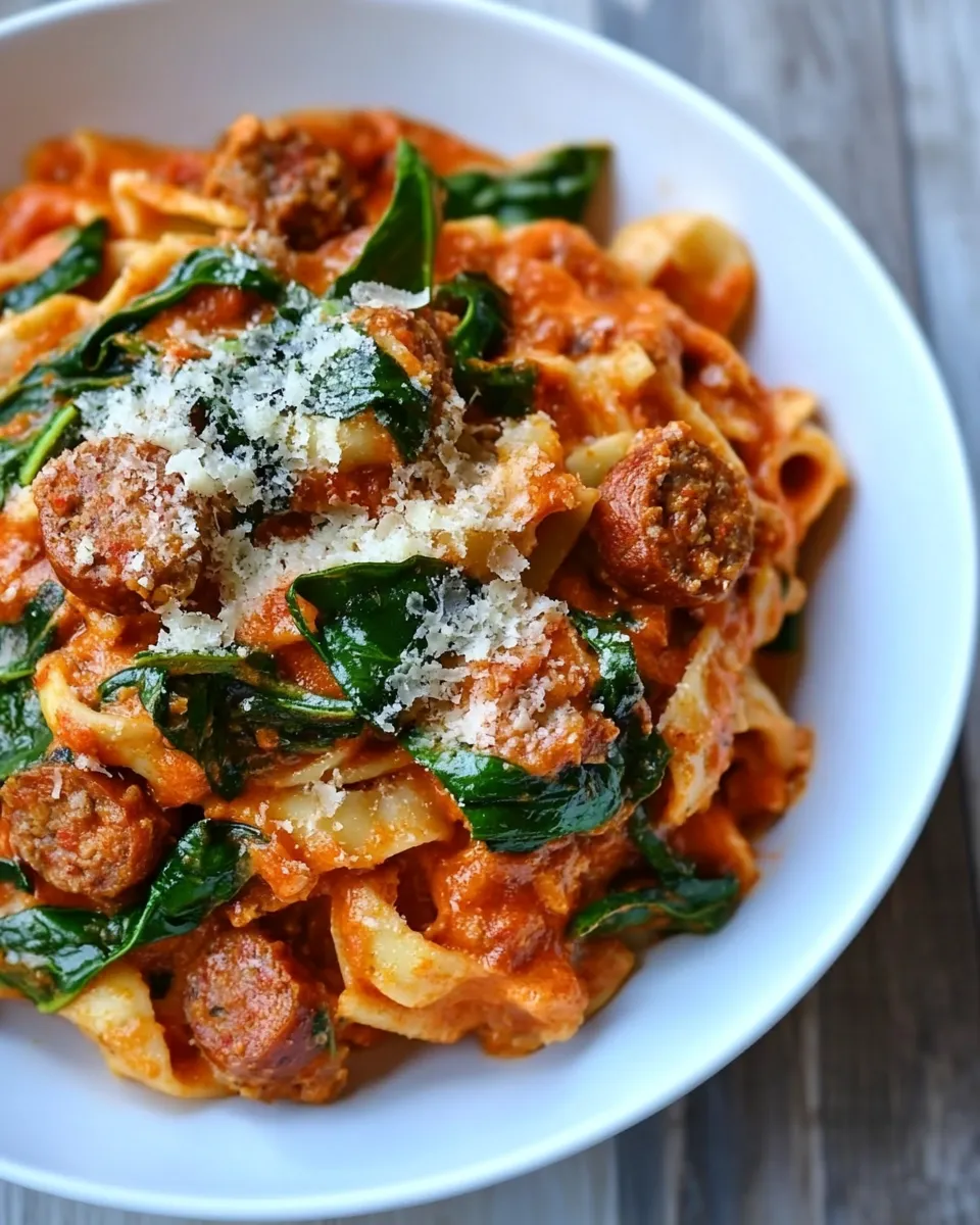 Healthy One Pot Turkey Sausage and Roasted Red Pepper Alfredo shot