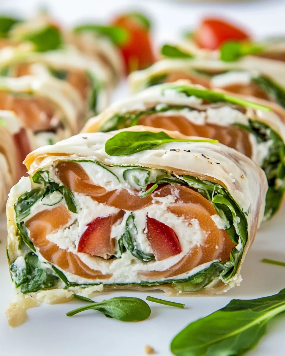 Homemade Smoked Salmon and Arugula Rolls shot