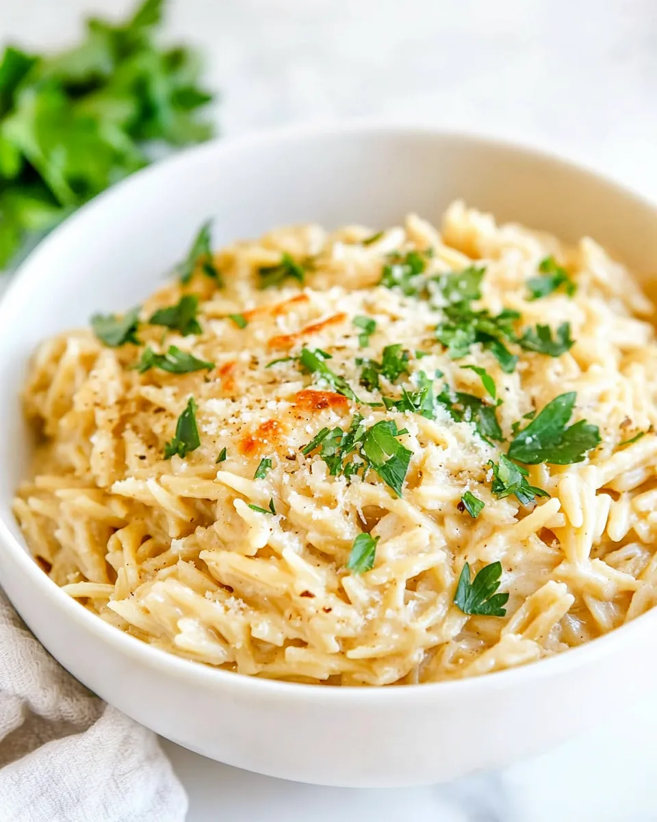 Delicious 15 Minute Creamy Garlic Parmesan Orzo shot