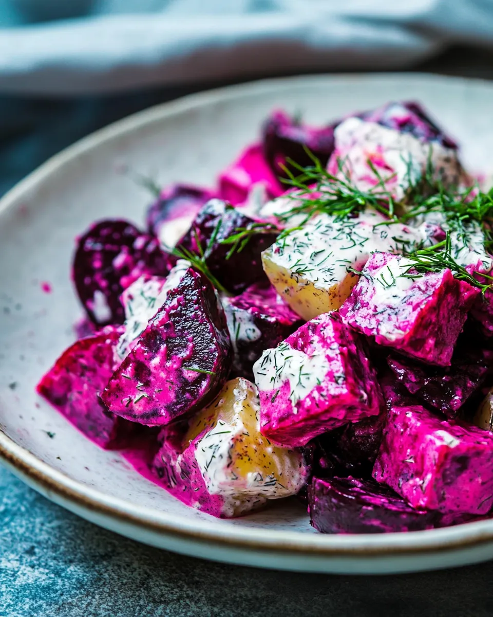 Delicious Beet and Potato Salad with Dill Dressing shot