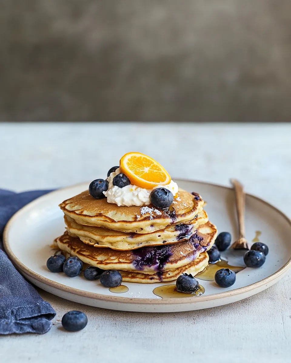 Homemade Blueberry pancakes with ricotta and orange photo