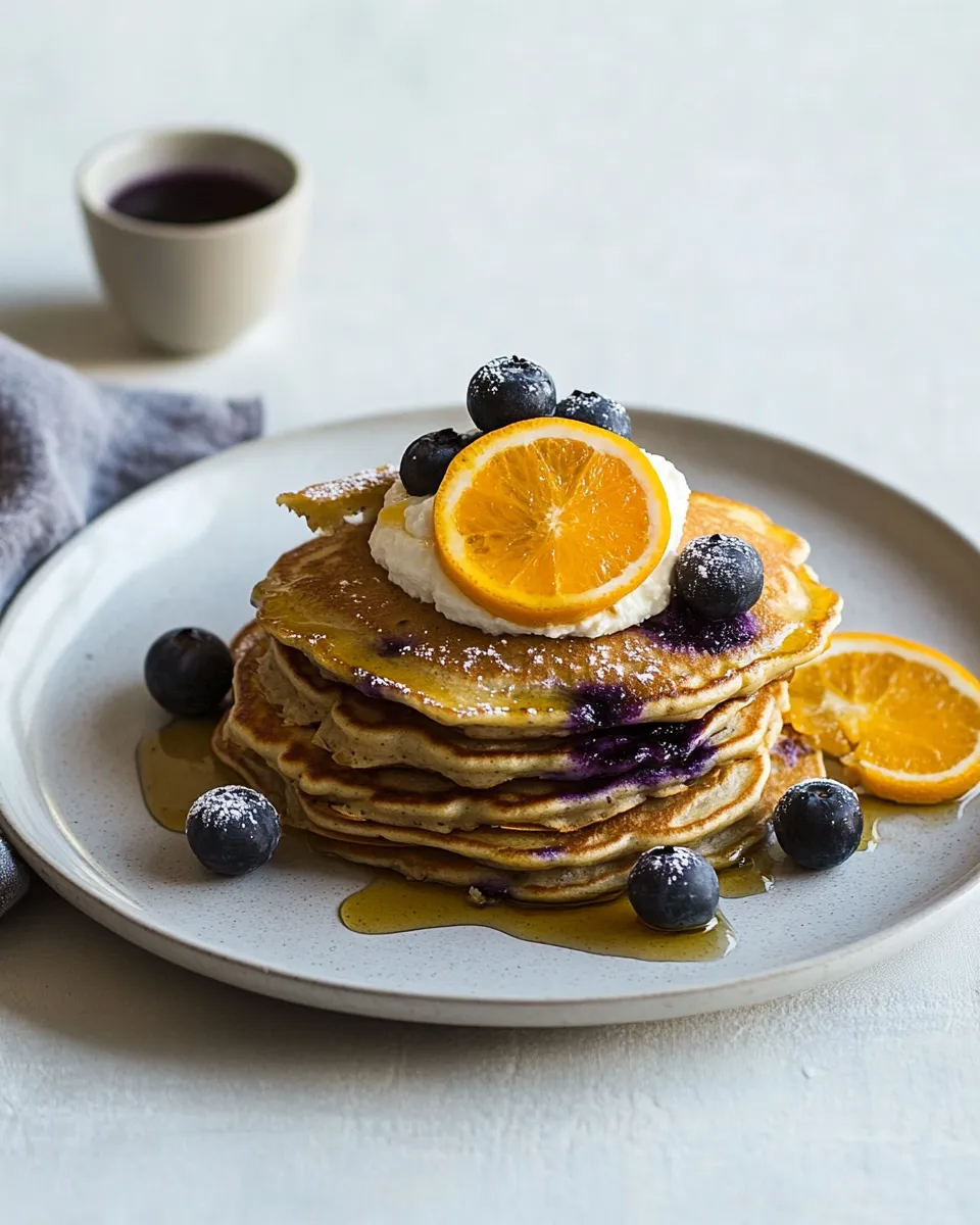 Delicious Blueberry pancakes with ricotta and orange shot