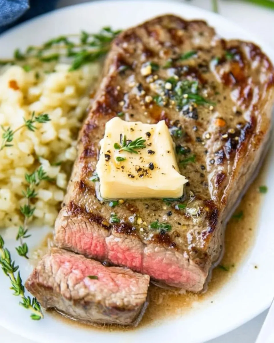 Delicious Cast Iron Strip Steak with Garlic Butter shot