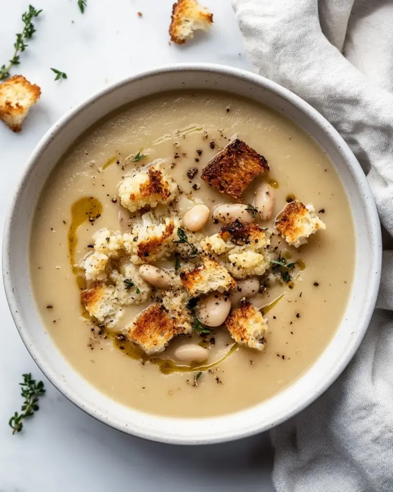 Homemade Cauliflower White Bean Soup with Mustardy Croutons. photo