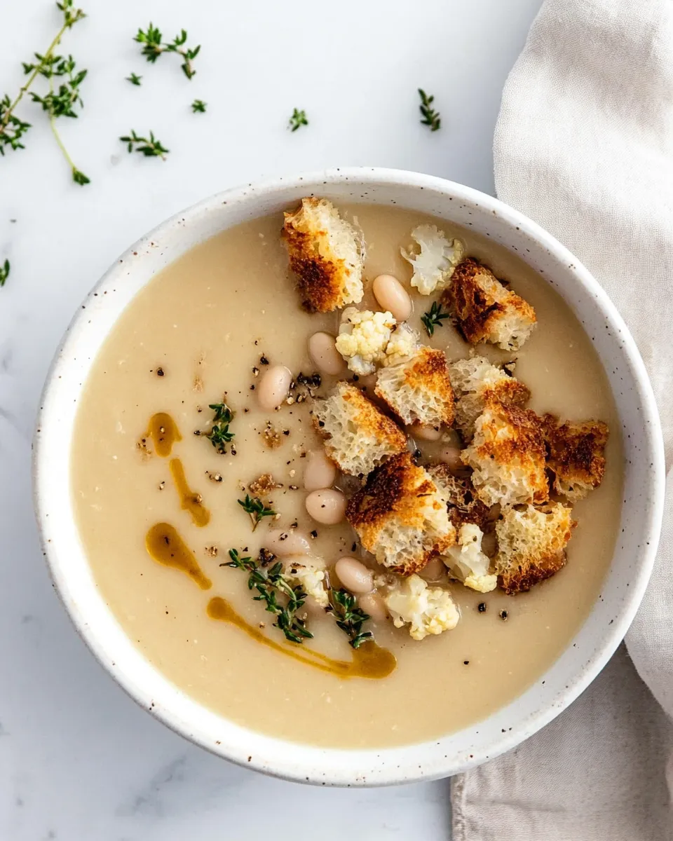 Delicious Cauliflower White Bean Soup with Mustardy Croutons. shot