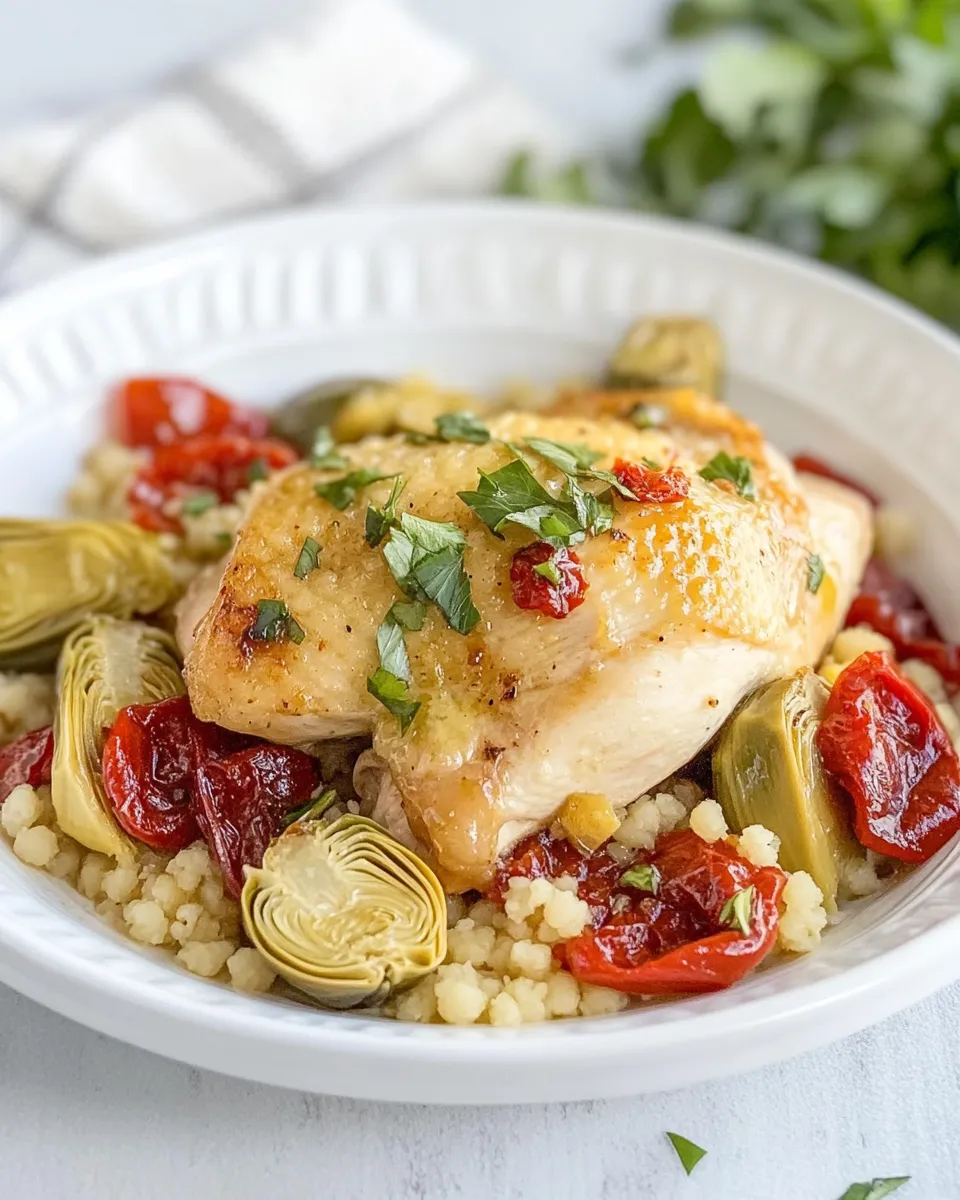 Classic Chicken with Artichokes and Israeli Couscous shot