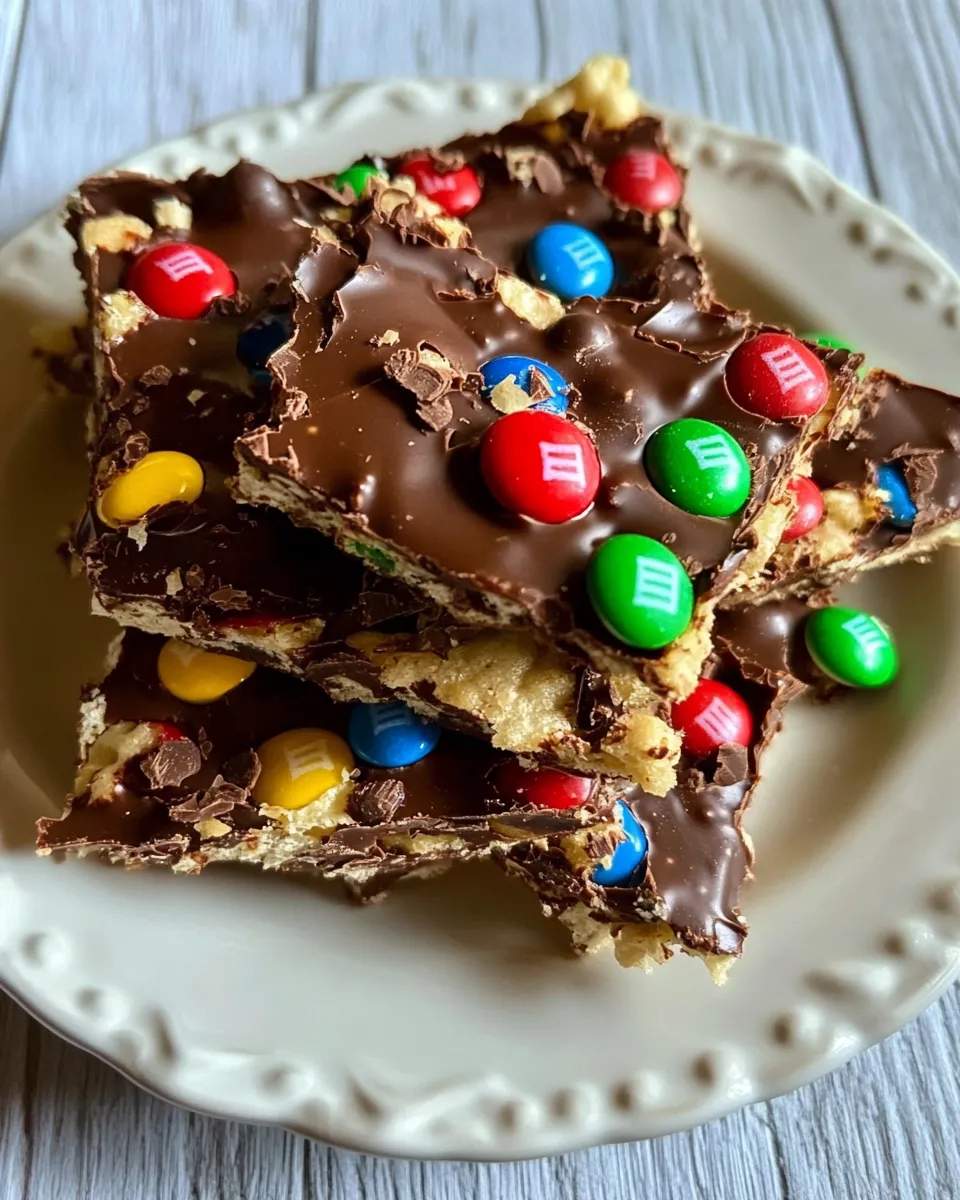 Delicious Chocolate Saltine Toffee with M&Ms shot