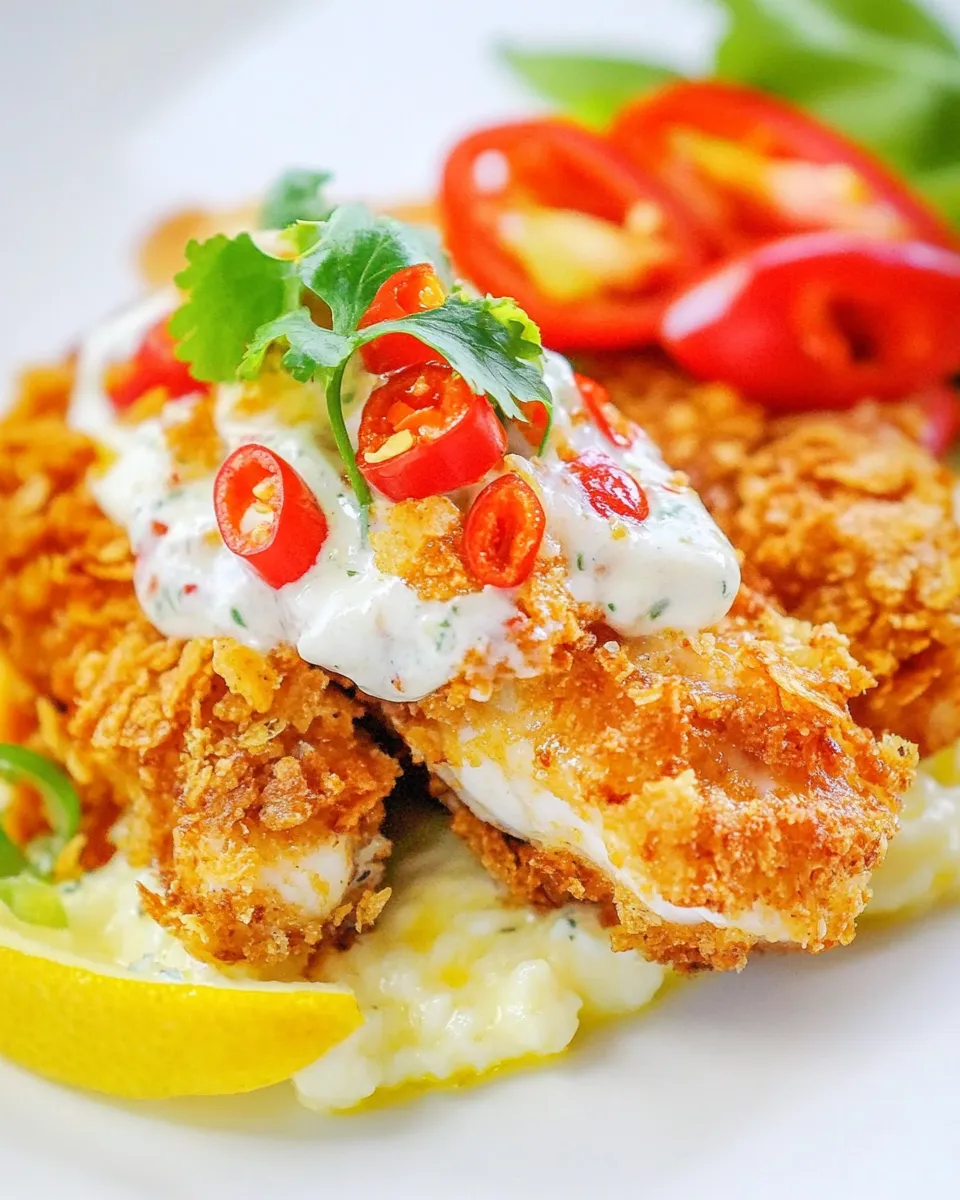 Delicious Cornflake Crusted Fish with Chili Tartar Sauce shot