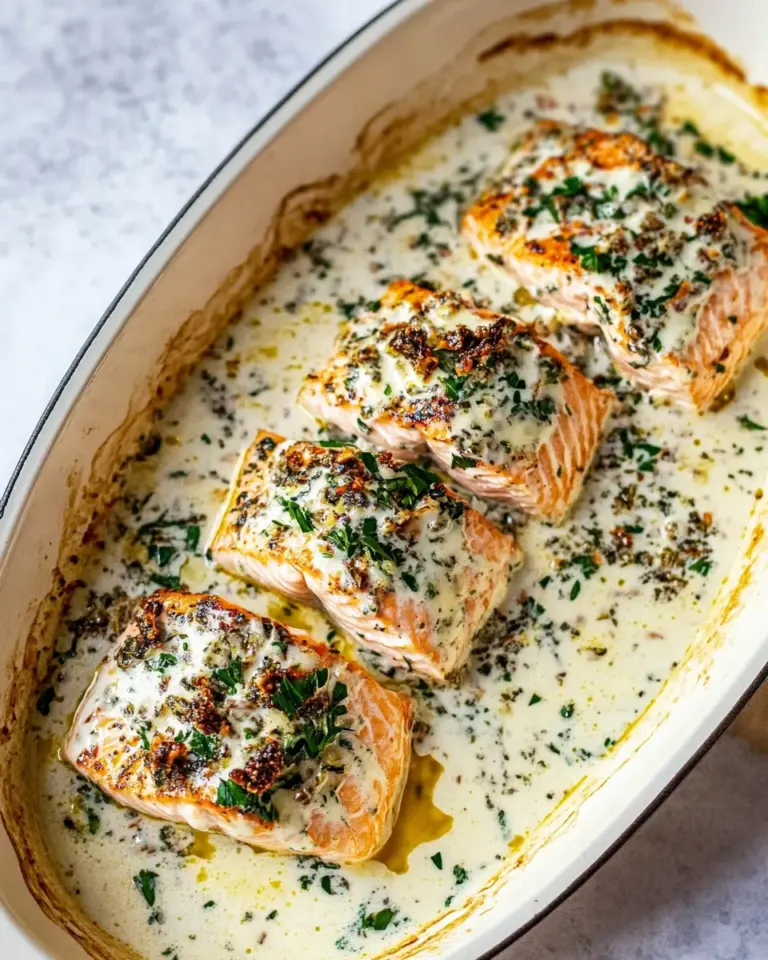 Amazing Creamy Garlic Butter Baked Salmon. food shot