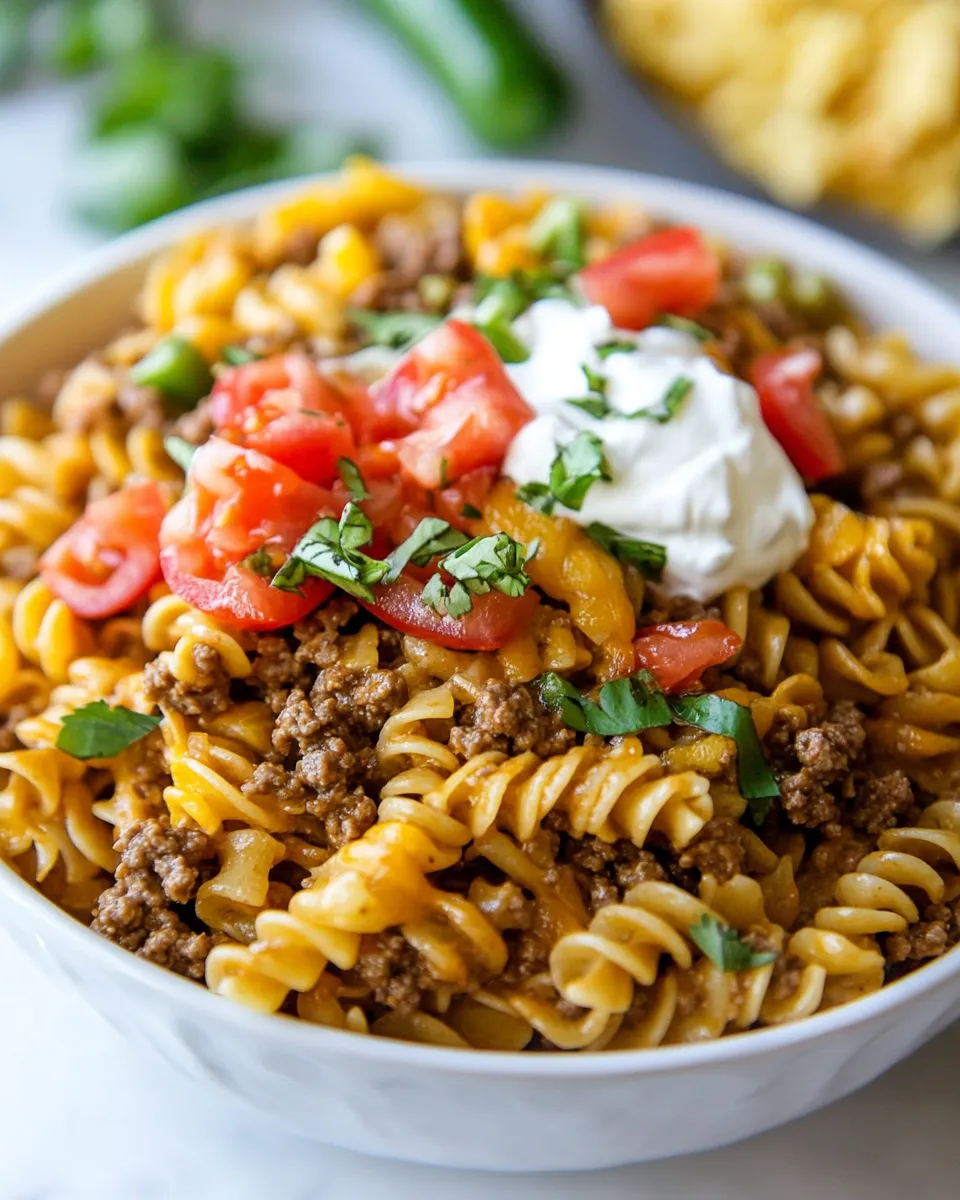 Delicious Creamy Ground Beef Taco Pasta shot