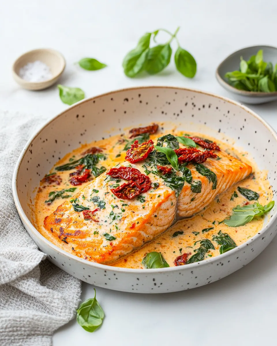 Classic Creamy Tuscan salmon with sun-dried tomatoes recipe image