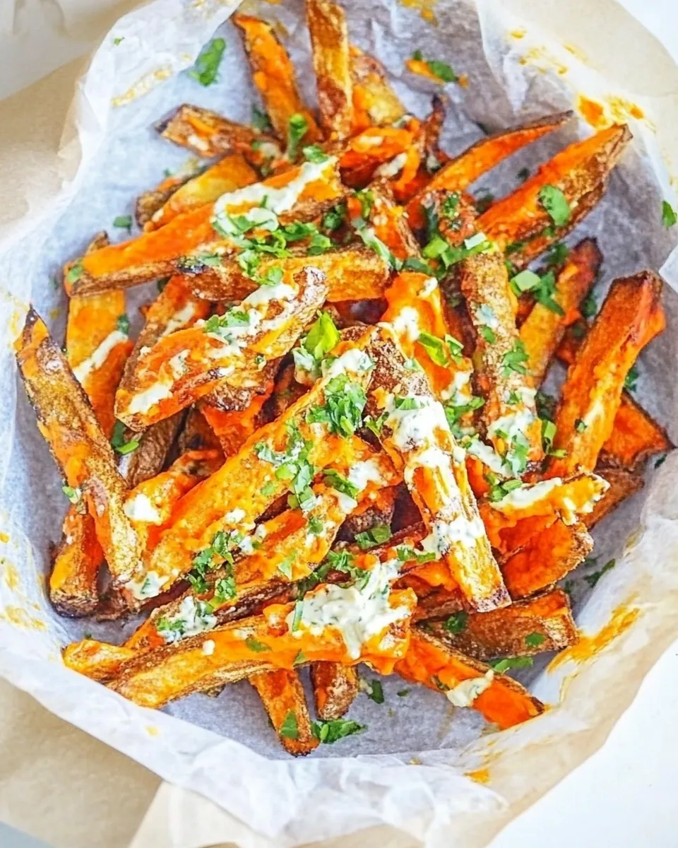 Quick Crispy Buffalo Oven Fries. food shot