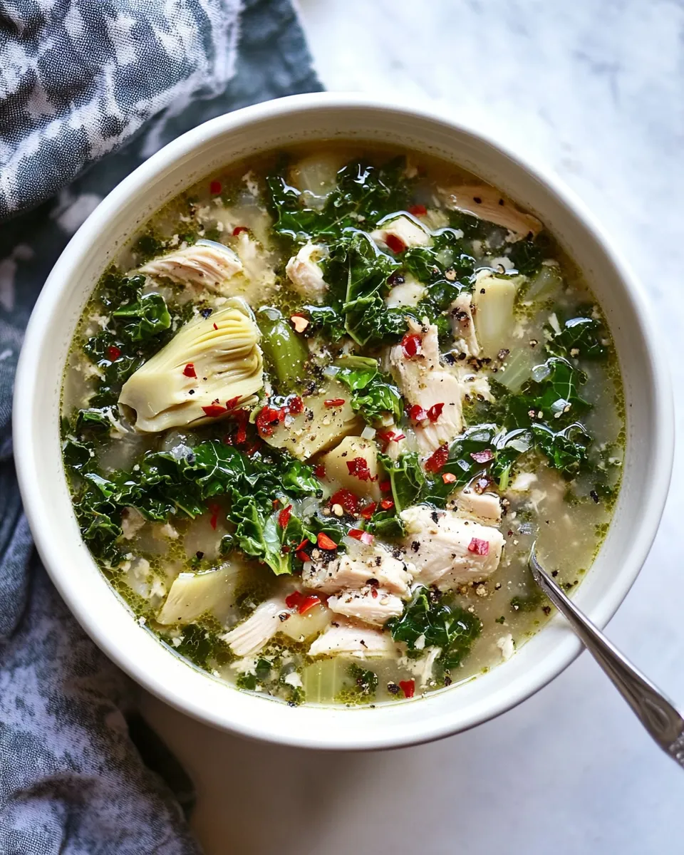 Delicious Crock Pot Chicken, Artichoke, and Kale Soup shot