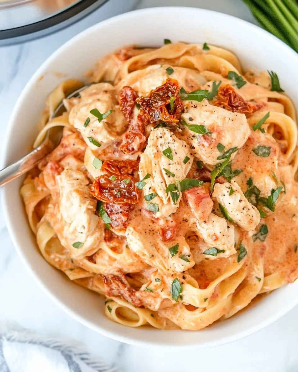 Delicious Crockpot Sun-Dried Tomato Chicken Alfredo image