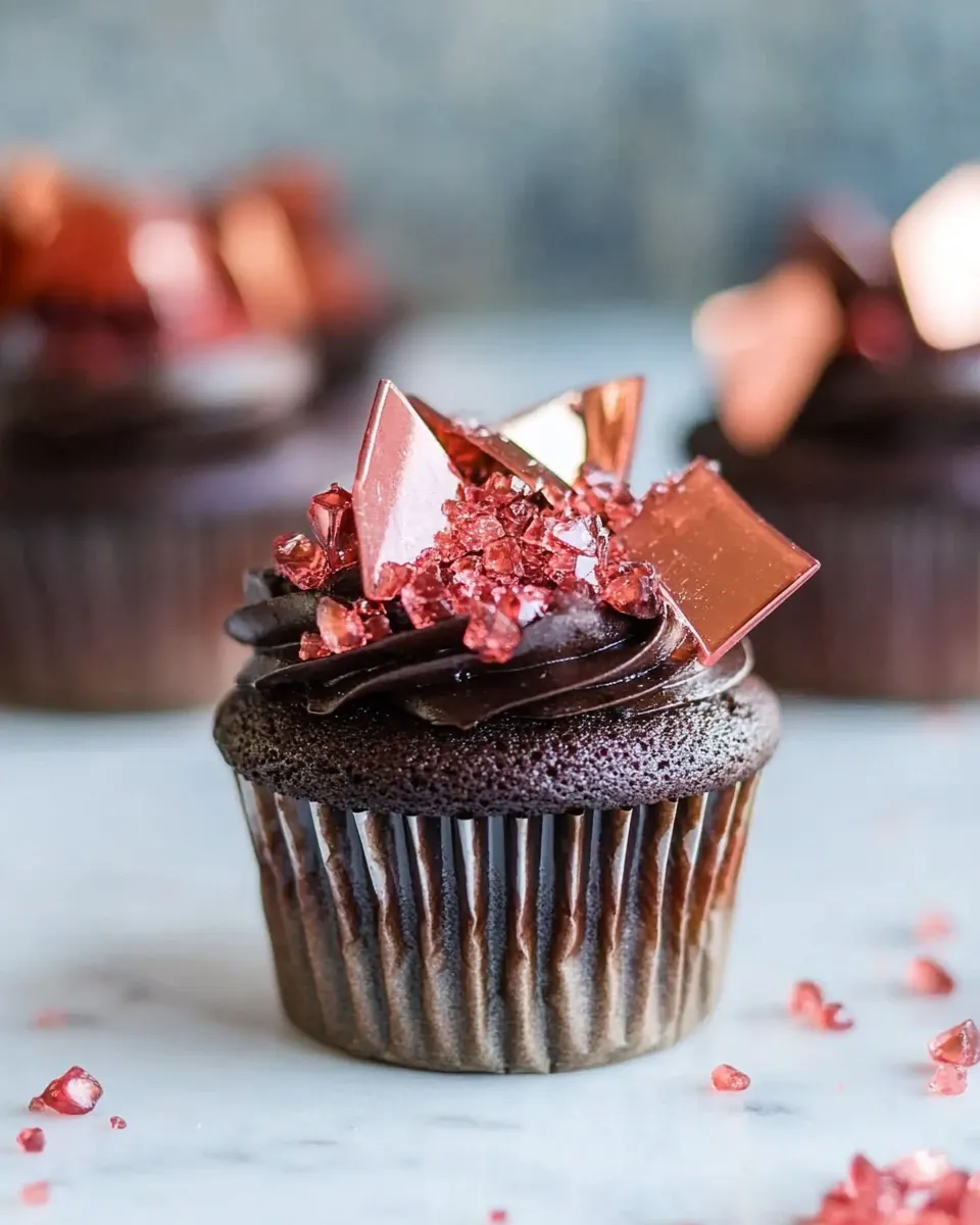 Classic Devils Food Cupcakes with Pomegranate Sugar Shards. image