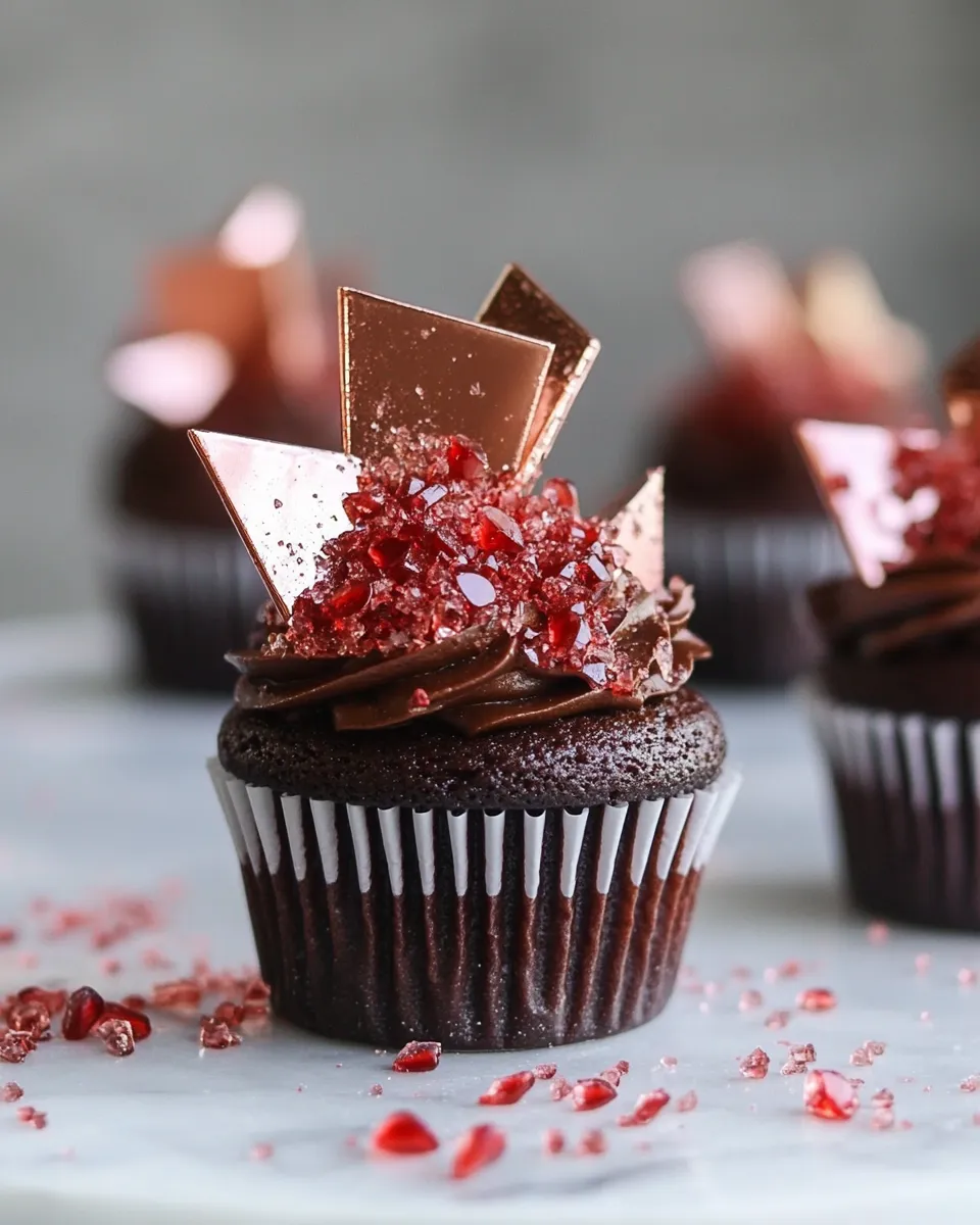 Delicious Devils Food Cupcakes with Pomegranate Sugar Shards. shot